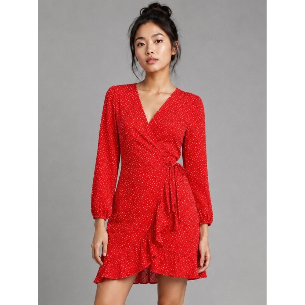 Banana Republic Red Heart Print Wrap Dress Long Sleeve Ruffle V-Neck 4 NEW